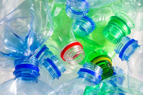 A close-up image showing multiple empty plastic bottles with mixed cap colours, including blue, green, and red, piled together. The bottles are made of transparent PET plastic, with some crushed or slightly deformed, and their caps are tightly screwed on. The background appears to be a reflective surface, possibly a table or floor, with light reflecting off the plastic surfaces, creating a bright and slightly glossy appearance. The image depicts a scene related to recyclable waste, such as plastic bottles prepared for collection or recycling, relevant to rubbish removal services that handle waste sorting and disposal in Northolt. The bottles vary in size and shape, with some caps still attached, emphasizing plastic waste management aspects within a rubbish removal context. This visual is suitable for illustrating the importance of recycling plastic waste with professional rubbish clearance providers like House Clearance Northolt.